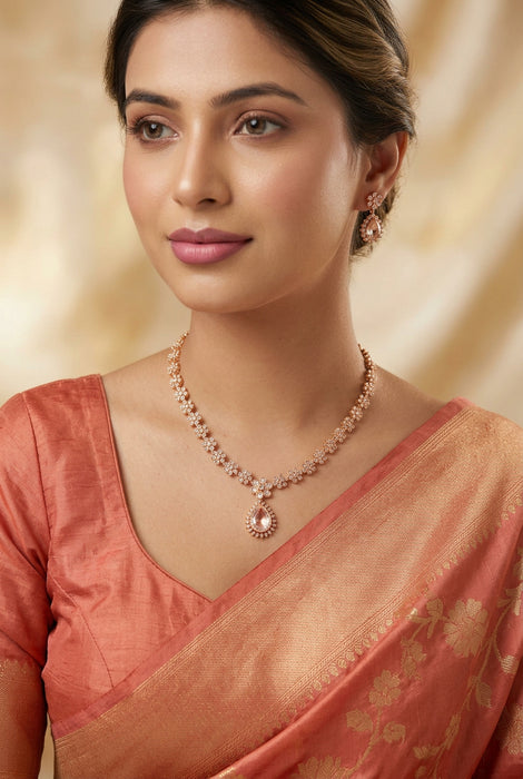 Heritage gold plated white stone short necklace with earrings HW2333