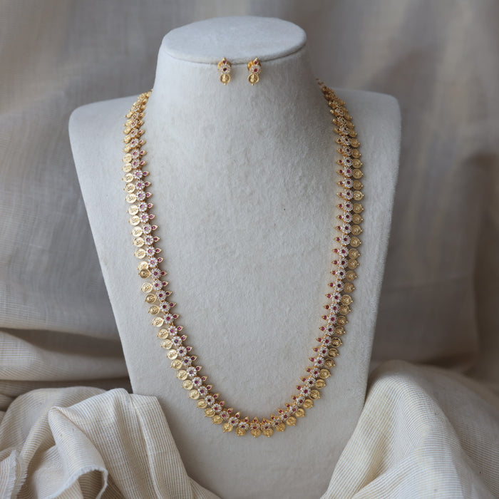 Heritage gold plated ruby white stone coin design long necklace HL6212