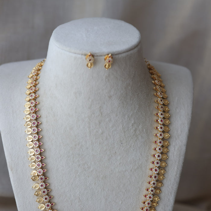 Heritage gold plated ruby white stone coin design long necklace HL6212