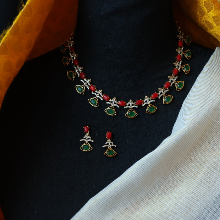 Antique red and green stone short necklace with earrings TTS43568