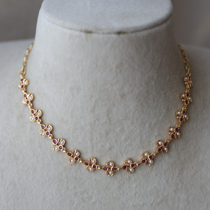 Heritage ruby stone white pearl short choker necklace HS334