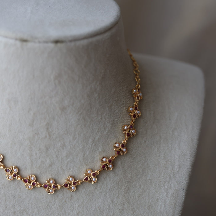 Heritage ruby stone white pearl short choker necklace HS334