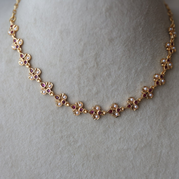 Heritage ruby stone white pearl short choker necklace HS334