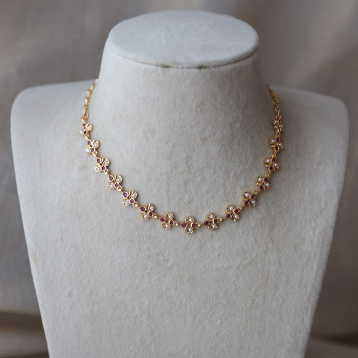 Heritage ruby stone white pearl short choker necklace HS334