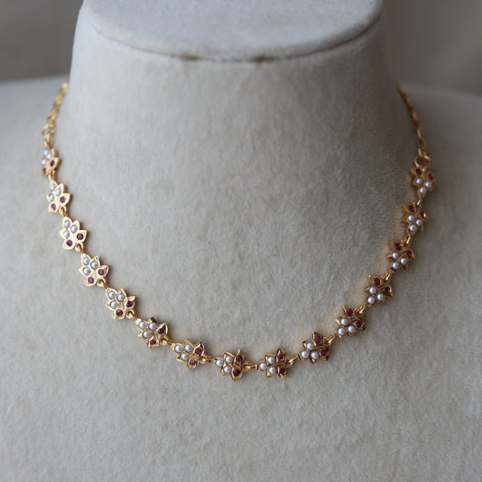 Heritage ruby stone white pearl short choker necklace HS324