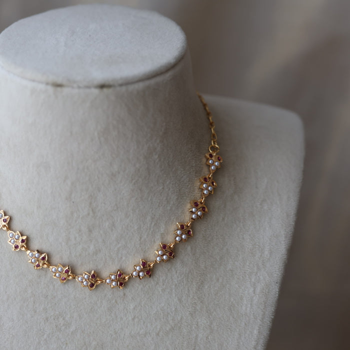 Heritage ruby stone white pearl short choker necklace HS324
