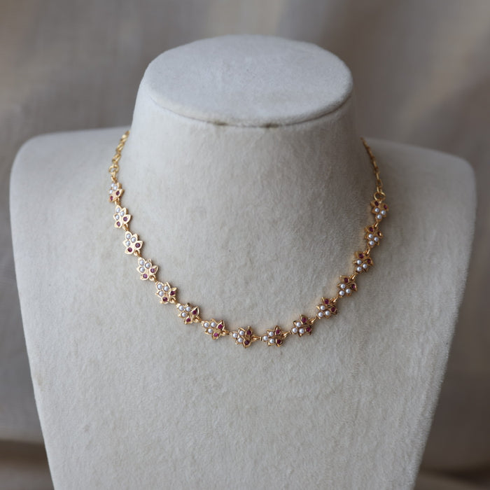 Heritage ruby stone white pearl short choker necklace HS324