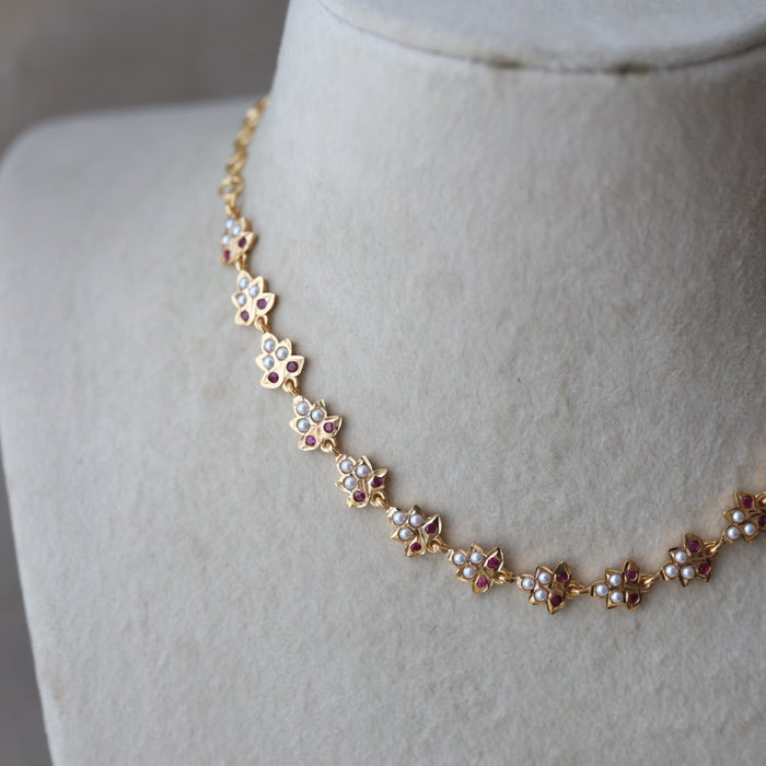 Heritage ruby stone white pearl short choker necklace HS324