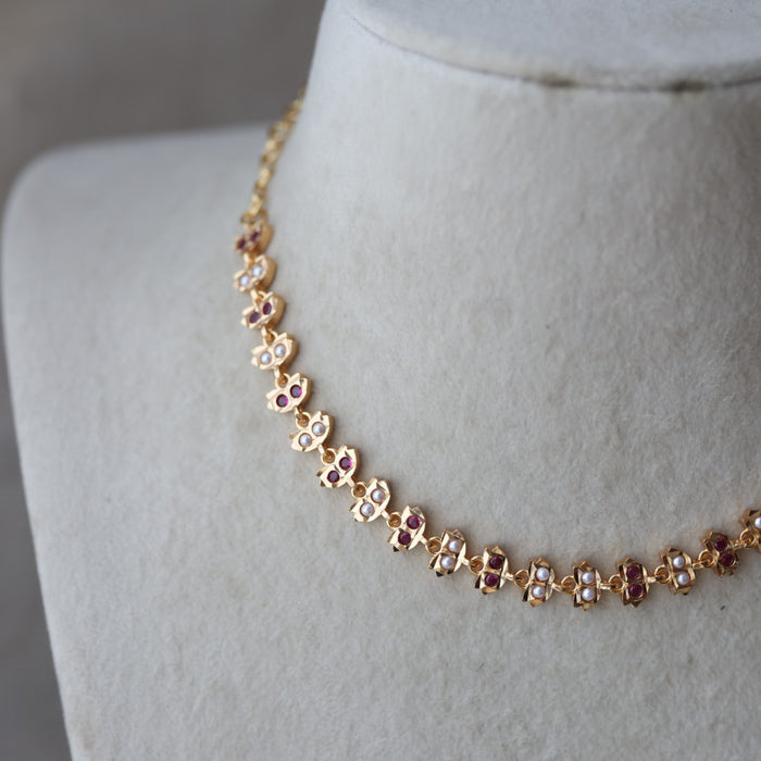 Heritage ruby stone white pearl short choker necklace HS33927