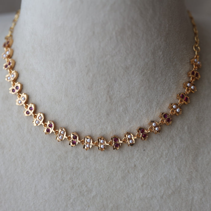 Heritage ruby stone white pearl short choker necklace HS33927