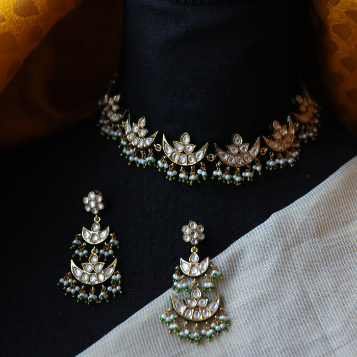 Trendy white stone kundan stone green bead choker necklace with earrings TG432