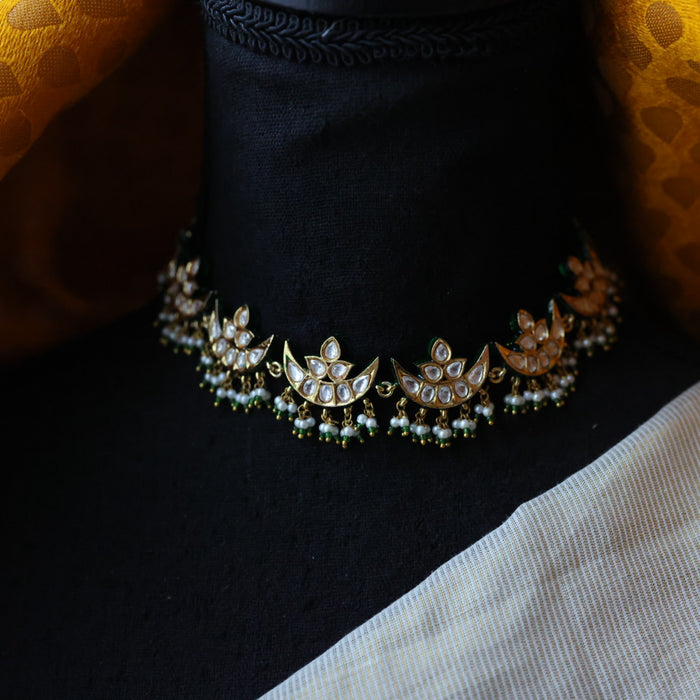 Trendy white stone kundan stone green bead choker necklace with earrings TG432