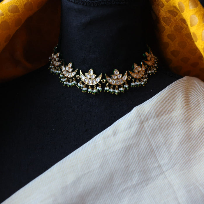 Trendy white stone kundan stone green bead choker necklace with earrings TG432