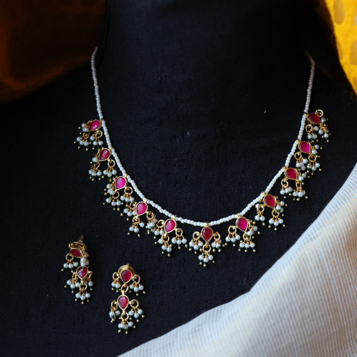 Minimal kundan ruby stone short necklace with earrings MS995