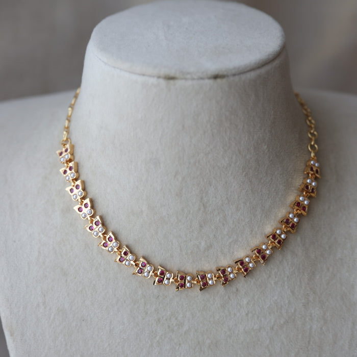 Heritage ruby stone white pearl short choker necklace HS322