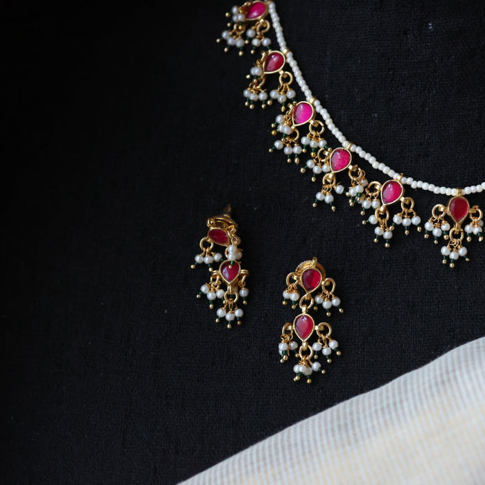 Minimal kundan ruby stone short necklace with earrings MS995