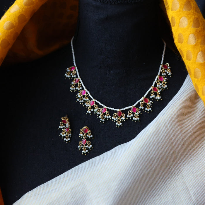 Minimal kundan ruby stone short necklace with earrings MS995