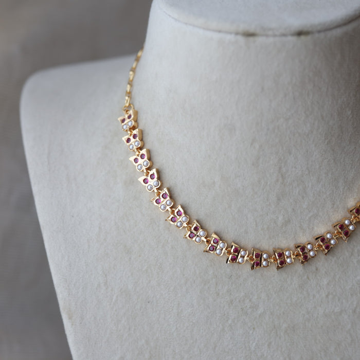 Heritage ruby stone white pearl short choker necklace HS322