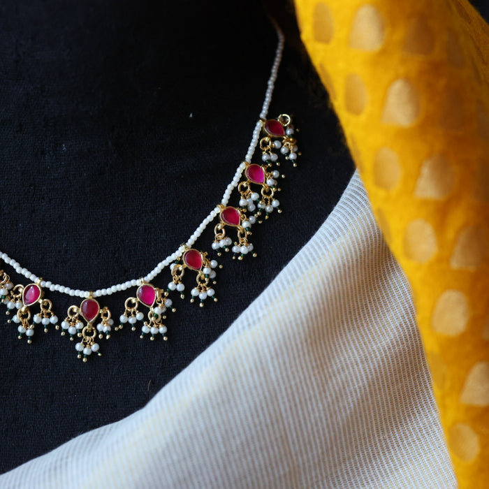 Minimal kundan ruby stone short necklace with earrings MS995