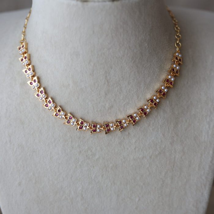 Heritage ruby stone white pearl short choker necklace HS322