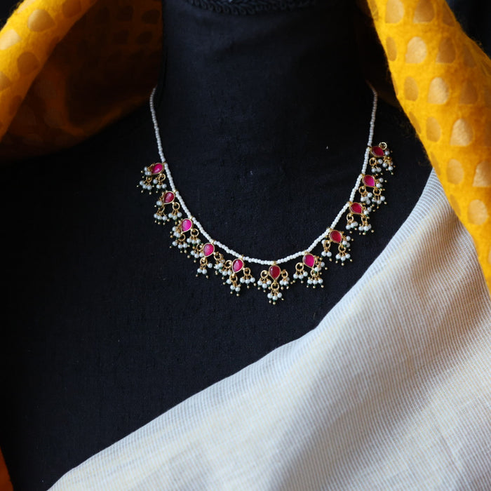 Minimal kundan ruby stone short necklace with earrings MS995