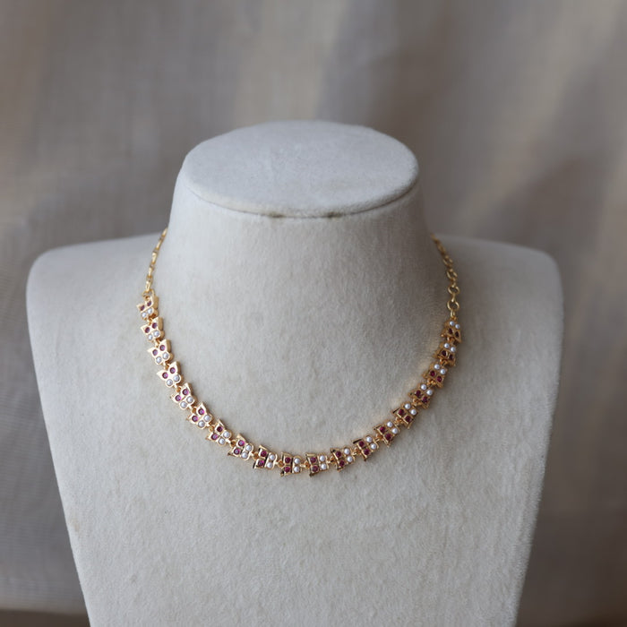 Heritage ruby stone white pearl short choker necklace HS322