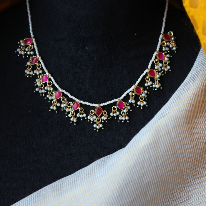 Minimal kundan ruby stone short necklace with earrings MS995