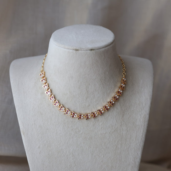 Heritage ruby stone white pearl short choker necklace HS322