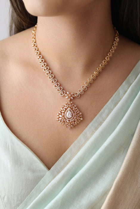 Heritage gold plated white stone short necklace with earrings H27827