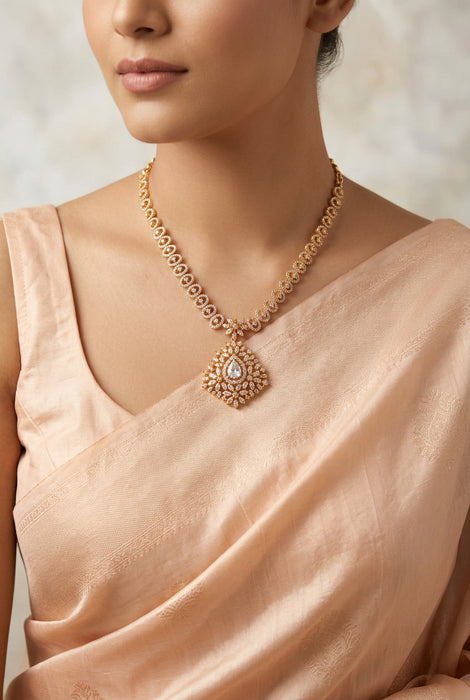Heritage gold plated white stone short necklace with earrings H27827