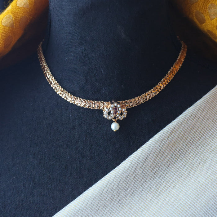 Heritage gold plated simple chain ruby white pearl short necklace H266