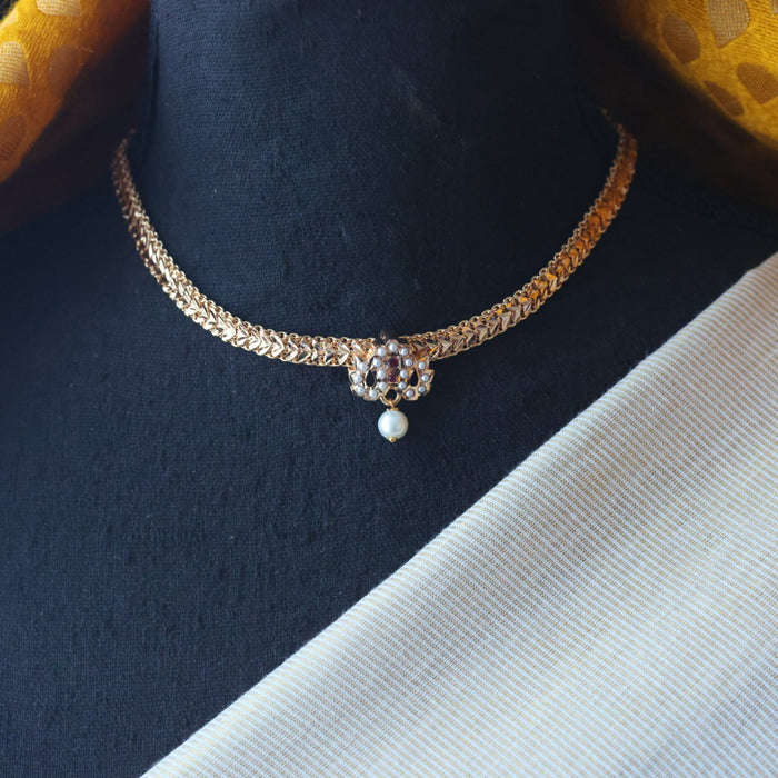 Heritage gold plated simple chain ruby white pearl short necklace H266
