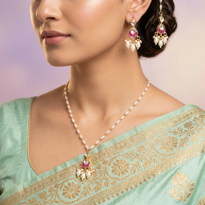 Minimal kundan ruby stone short necklace with earrings MS346