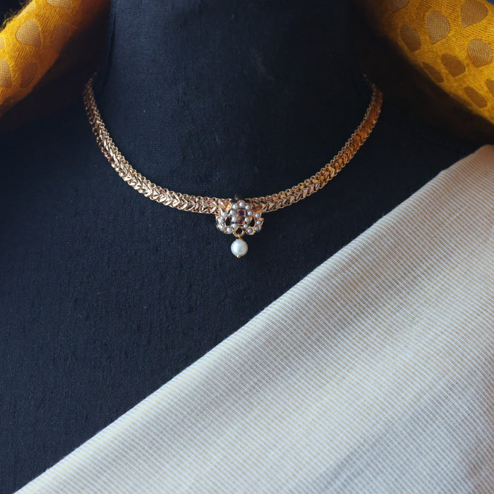 Heritage gold plated simple chain ruby white pearl short necklace H266
