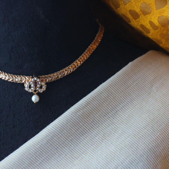 Heritage gold plated simple chain ruby white pearl short necklace H266