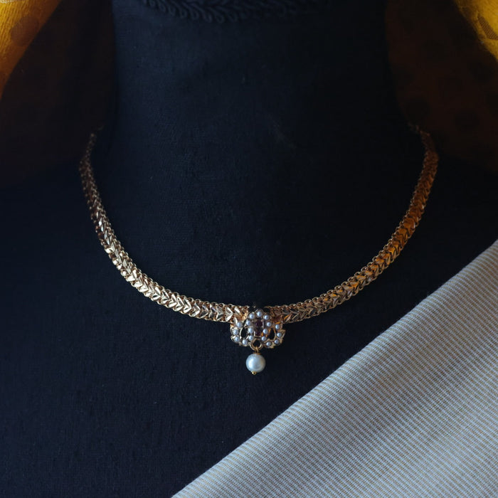 Heritage gold plated simple chain ruby white pearl short necklace H266