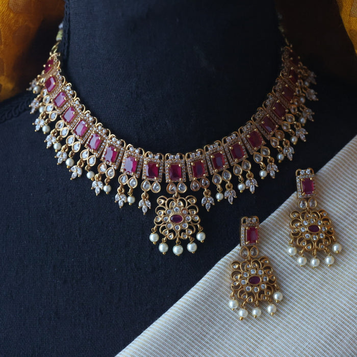Antique ruby stone short necklace with earrings RUB8977