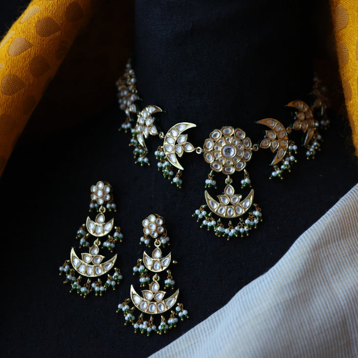 Trendy white stone kundan stone green bead choker necklace with earrings TG453