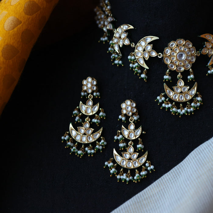 Trendy white stone kundan stone green bead choker necklace with earrings TG453