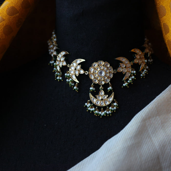 Trendy white stone kundan stone green bead choker necklace with earrings TG453