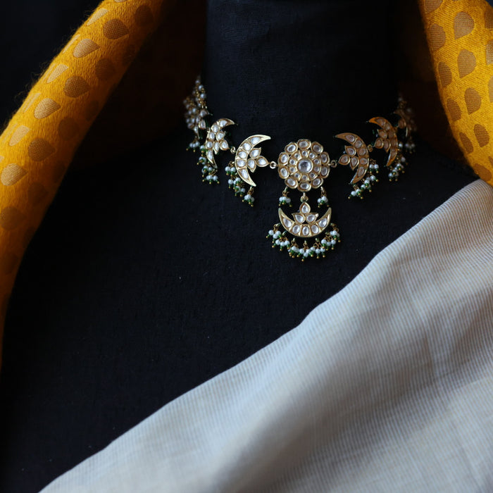 Trendy white stone kundan stone green bead choker necklace with earrings TG453