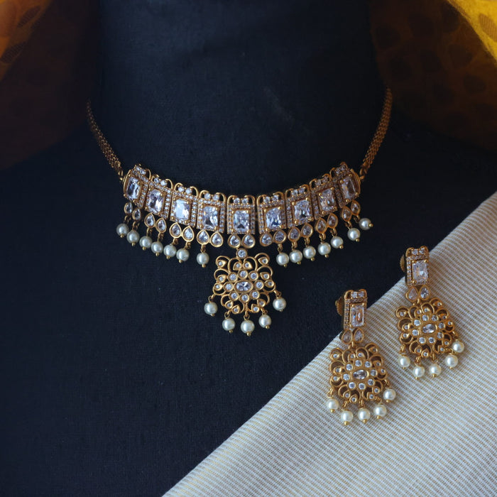 Antique white stone choker necklace with earrings CCB1213