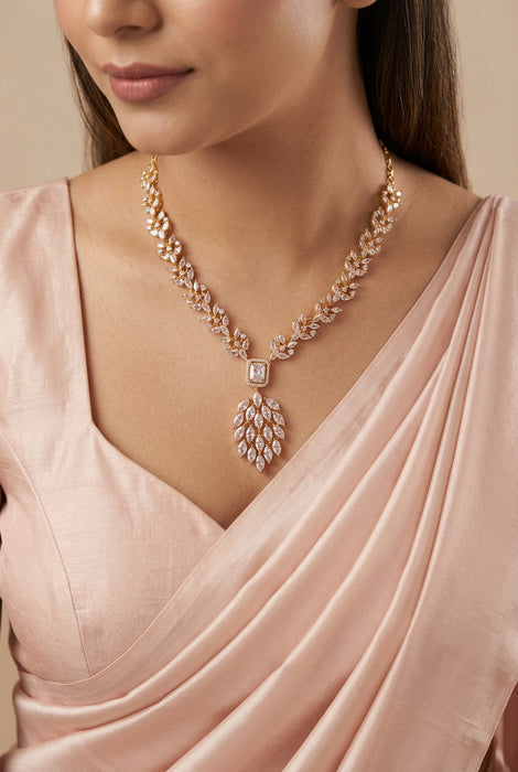 Heritage gold plated white stone short necklace with earrings HW5382