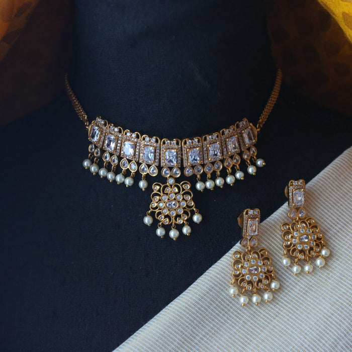 Antique white stone choker necklace with earrings CCB1213