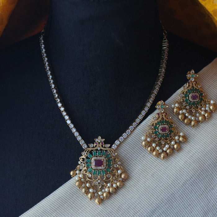 Antique green stone short necklace and earring TTS4790