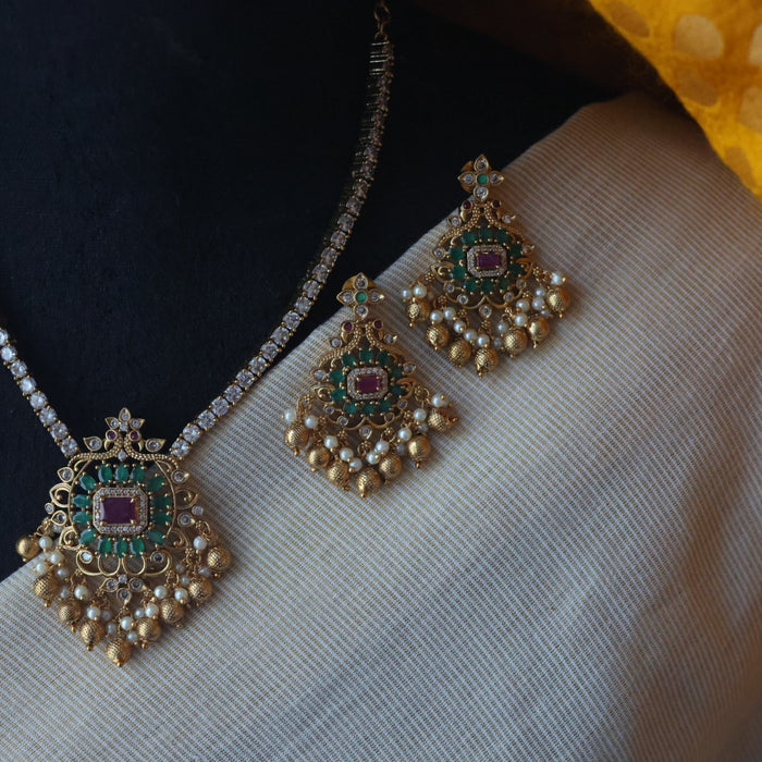 Antique green stone short necklace and earring TTS4790