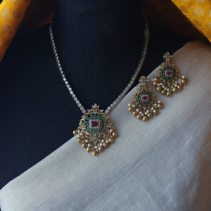 Antique green stone short necklace and earring TTS4790
