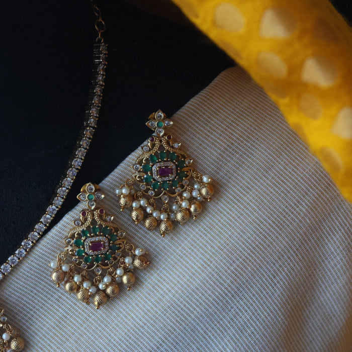 Antique green stone short necklace and earring TTS4790