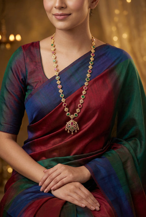 Heritage gold plated multi stone design long necklace with earrings HL24445