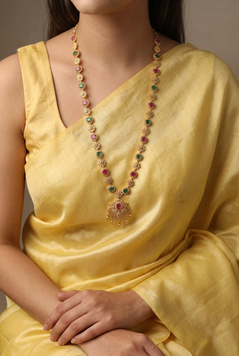 Heritage gold plated multi stone design long necklace with earrings HL24445